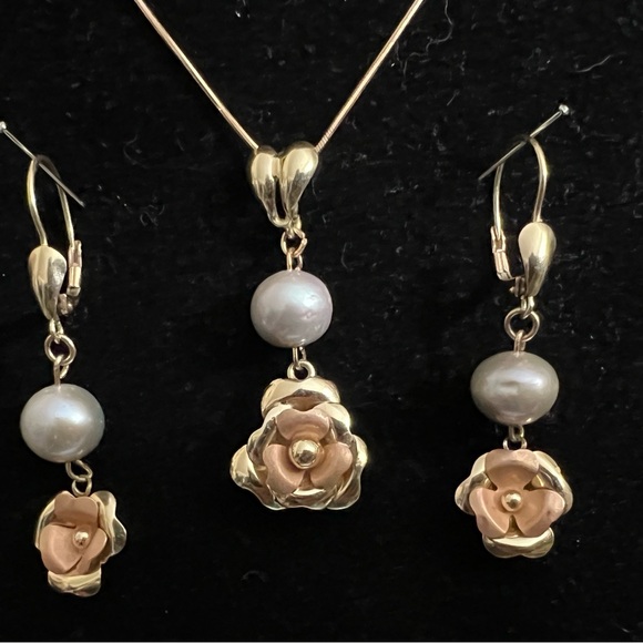 Solid 14k YG ROSE & PEARL pendant . 10mm gray south Sea pearl-6.55g , 16” chain - Picture 2 of 7
